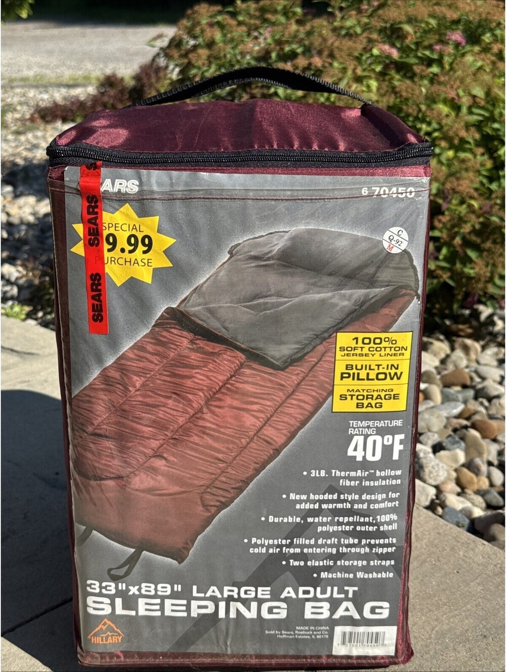 Vintage Sears Sleeping Bag Large Adult Maroon 33x89” Built In Pillow Hillary New